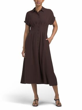 Tahari ASL Brown Button-Front Midi Shirt Dress